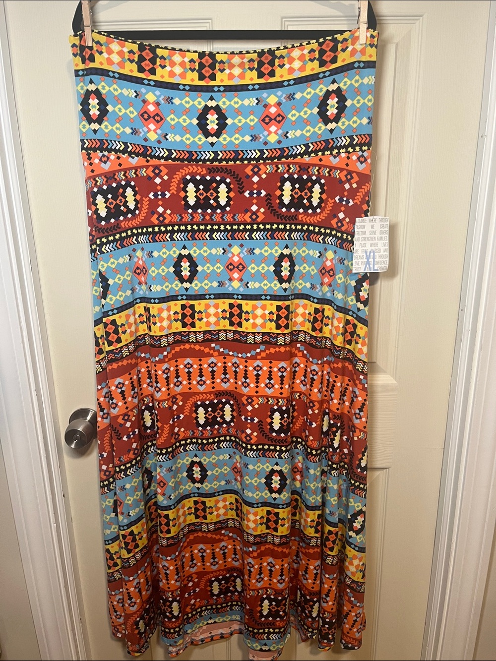 LuLaRoe Maxi Skirt in Orange, Light Blue, Yellow & Black Tribal Print